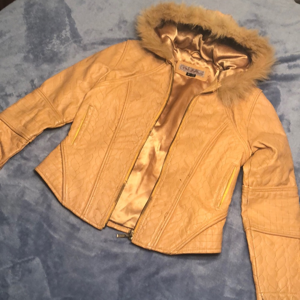 Beautiful Tan Hooded Leather Jacket with Fur Trim